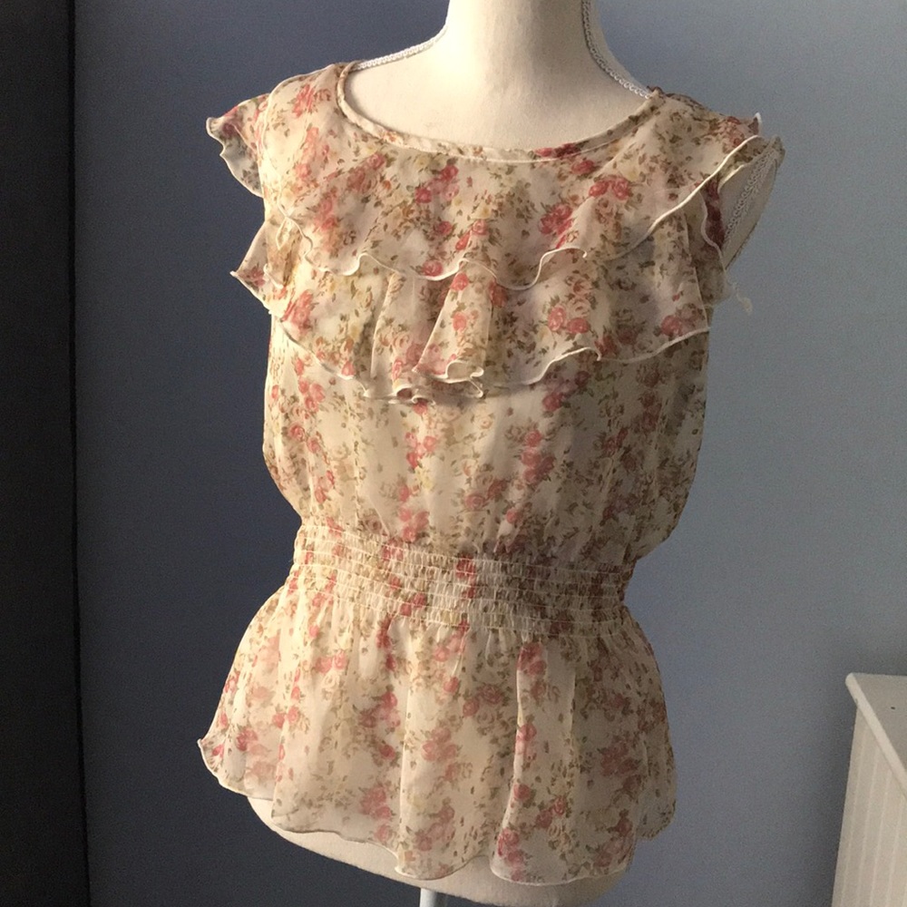 Sleeveless Iz Byer Ruffled Sheer Floral Blouse